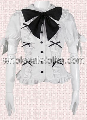 White Puff Sleeves Cotton Lolita Blouse with Several Bows