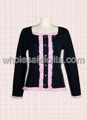 Black Cotton Lolita Blouse with Pink Lace
