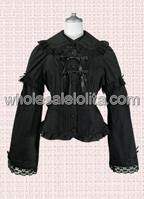 Kawaii Black Lace Cotton Lolita Blouse with Bow Tie