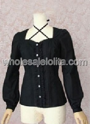 Black Square Neckline Long Sleeves Cotton Lolita Blouse