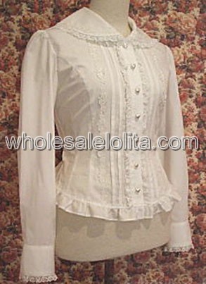 White Long Sleeves Cotton Lolita Blouse with Pleated Front