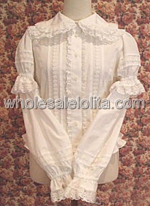 White Long Sleeves Cotton Lolita Blouse with Multilayer Lace