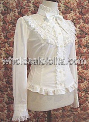 White Stand Collar Long Sleeves Cotton Lace Lolita Blouse