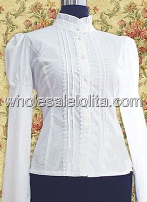 White Long Sleeves Cotton Lolita Blouse with Decorative Border