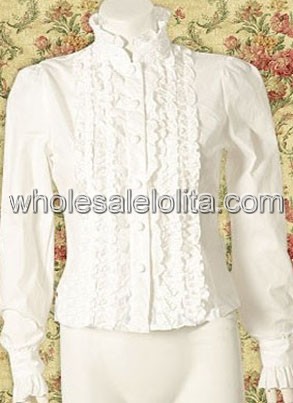 White Long Sleeves Cotton Lolita Blouse with Stand Collar