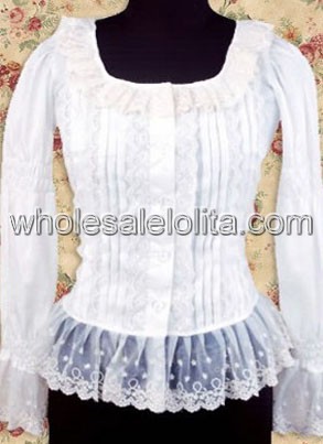 Simple White Long Sleeves Cotton Lace Lolita Blouse