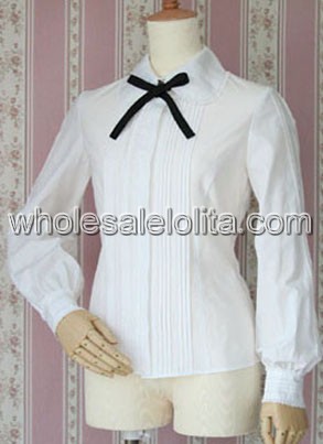 Inexpensive White Long Sleeves Cotton Bow Lolita Blouse