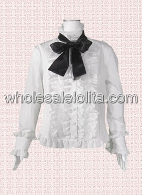 White Long Sleeves Cotton Lolita Blouse With Black Bow