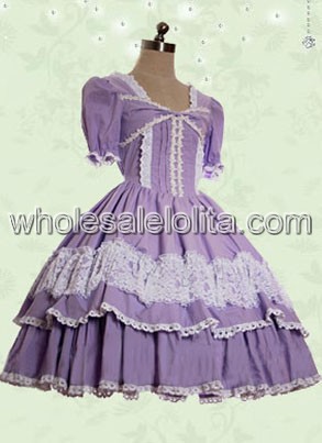 Grape Short Sleeves Lace Cotton Sweet Lolita Dress