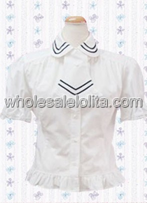 White Cotton Short Sleeves Lolita Blouse with Decorative Border
