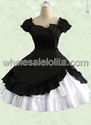 Black Short Sleeves Ruffle Bow Cotton Classic Lolita Dress