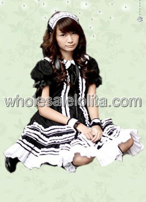 Black And White Puff Sleeves Cotton Sweet Lolita Dress