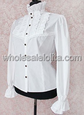New White Stand Collar Long Sleeves Cotton Lolita Blouse