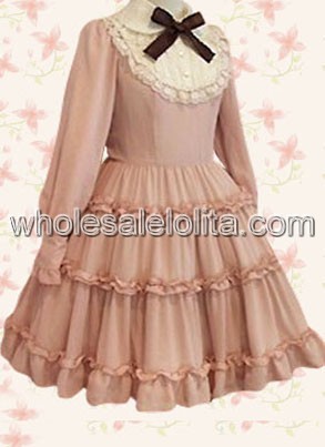 Pink Long Sleeves Bow Cotton Classic Lolita Dress