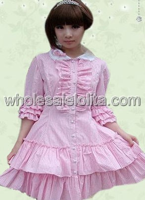 Pink Half Sleeves Gingham Ruffles Cotton Sweet Lolita Dress