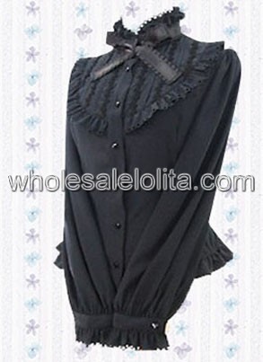 Black Pleated Cotton Lolita Blouse with Long Sleeves