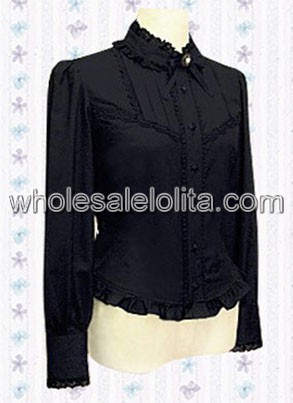 Black Long Sleeves Cotton Lolita Blouse with Lace Collar