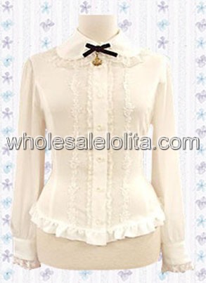 White Long Sleeves Cotton Lolita Blouse with Lace Collar