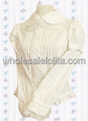 White Pleated Cotton Lolita Blouse with Lapel Lace Collar
