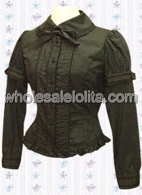 Inexpensive Black Long Sleeves Cotton Pleated Lolita Blouse