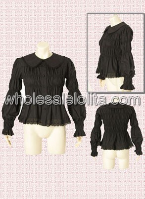 New Arrival Black Long Sleeves Shirred Cotton Lolita Blouse