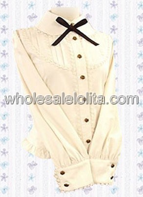 Beige Long Sleeves Cotton Lolita Blouse with Bow