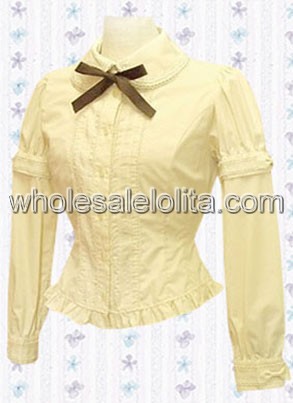 Yellow Pleated Double layered Long Sleeves Cotton Lolita Blouse