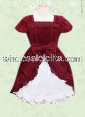 Square Neck Short Sleeves Split Front Cotton Lolita Dress with a Bow
