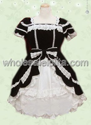 Square Neck Short Sleeves Split Front Cotton Lolita Dress