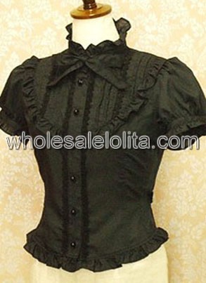 Black Puff Sleeves Cotton Lolita Blouse with Stand Collar