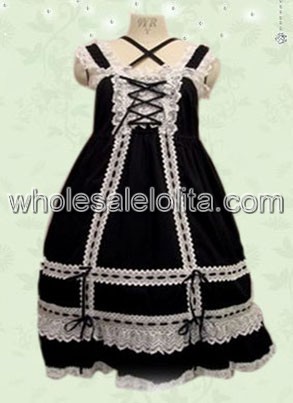 Black Lace Bandage Cotton Gothic Lolita Dress