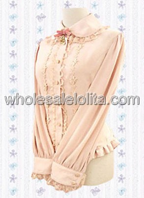 Pink Long Sleeves Cotton Lolita Blouse with Golden Border