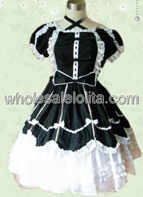 Black And White Short Sleeves Bow Cotton Gothic Lolita Dress
