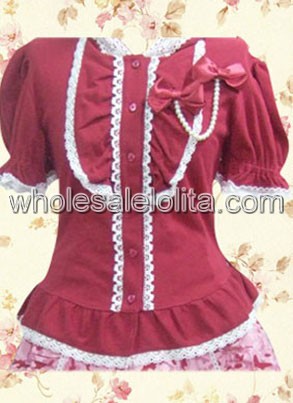 Red Puff Short Sleeves Cotton Lolita Blouse