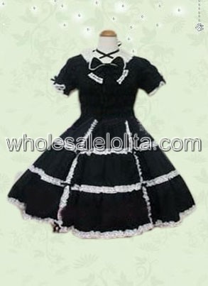 Black Lace Bow Short Sleeves Cotton Gothic Lolita Dress