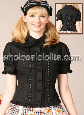 Black Short Sleeves Lolita Blouse Made of Cotton