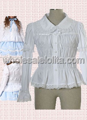 Selling Best White Shirred Long Sleeves Cotton Lolita Blouse