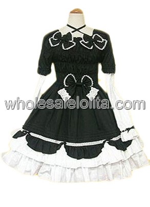 Black Bow Ruffles Cotton Gothic Lolita Dress