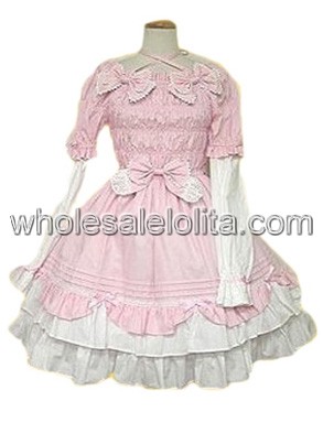 Pink Long Sleeves Bow Pleated Cotton Sweet Lolita Dress