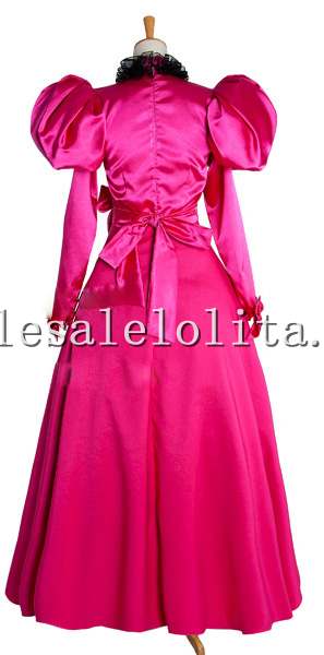 Long Sleeves Hot Pink and Black Taffeta Gothic Victorian Style Gown
