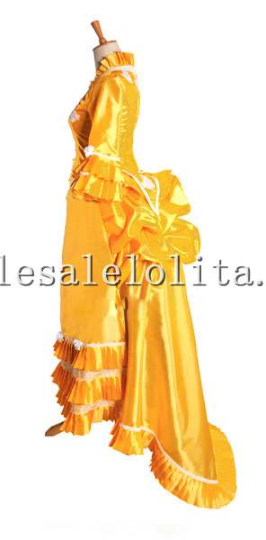 19th Century Yellow Stand Up Collar Victorian Bustle Dress Reenactment Costume